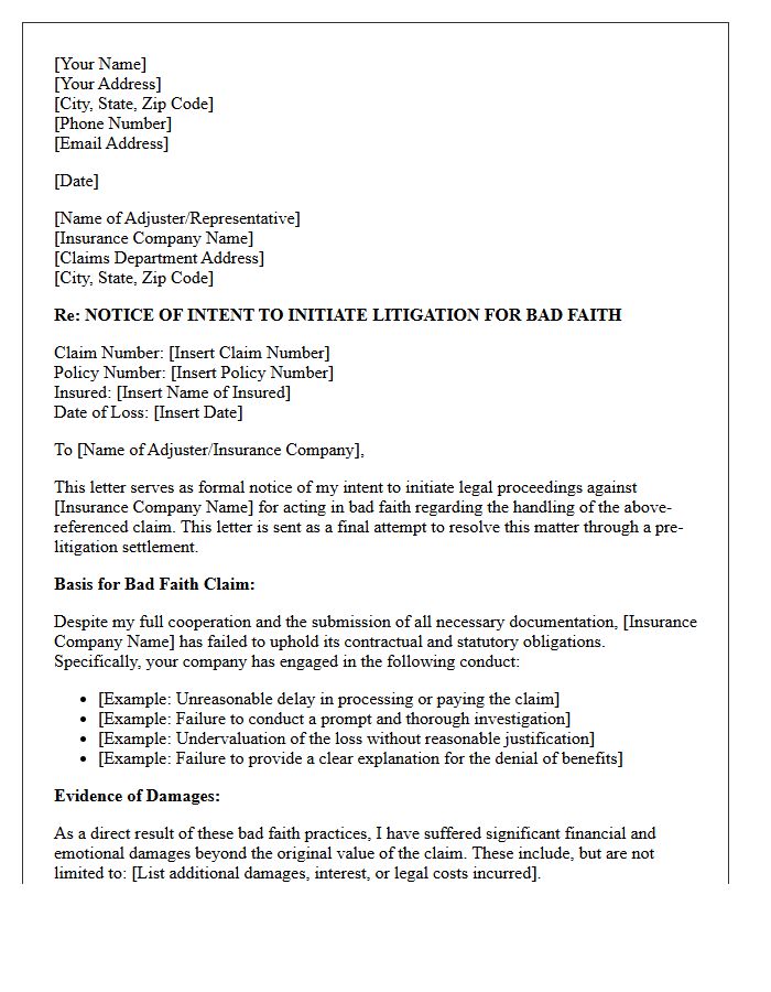 Insurance Bad Faith Pre-Litigation Settlement Letter of Intent