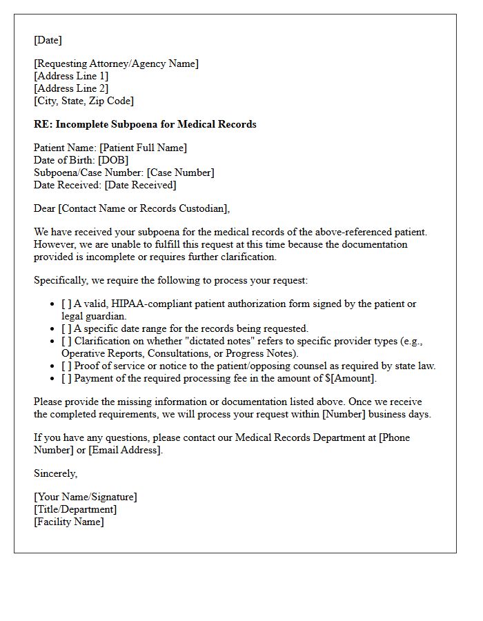 Incomplete Subpoena Dictated Medical Record Request Clarification Letter