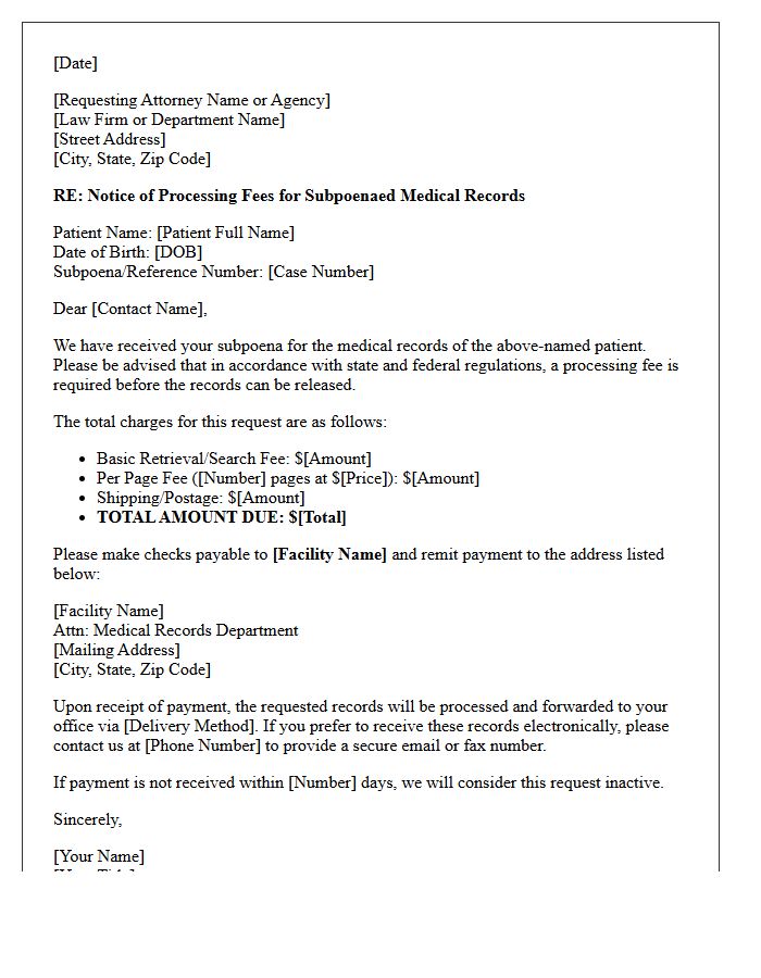 Subpoena Dictated Medical Record Request Processing Fee Notice Letter