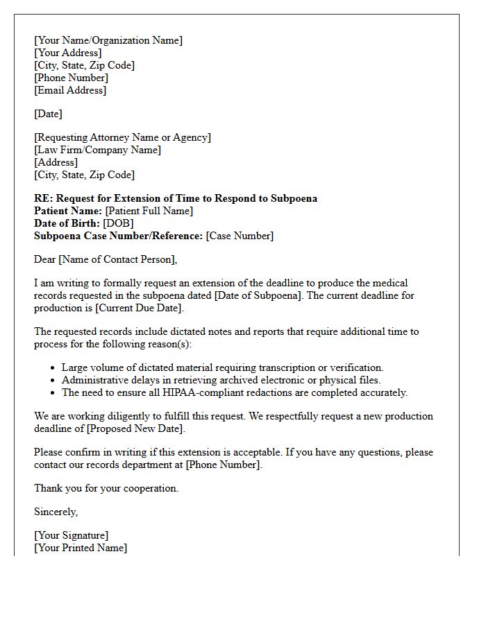 Subpoena Dictated Medical Record Request Deadline Extension Letter