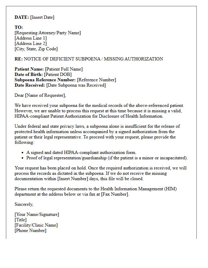 Missing Patient Authorization For Subpoena Dictated Medical Record Request Letter