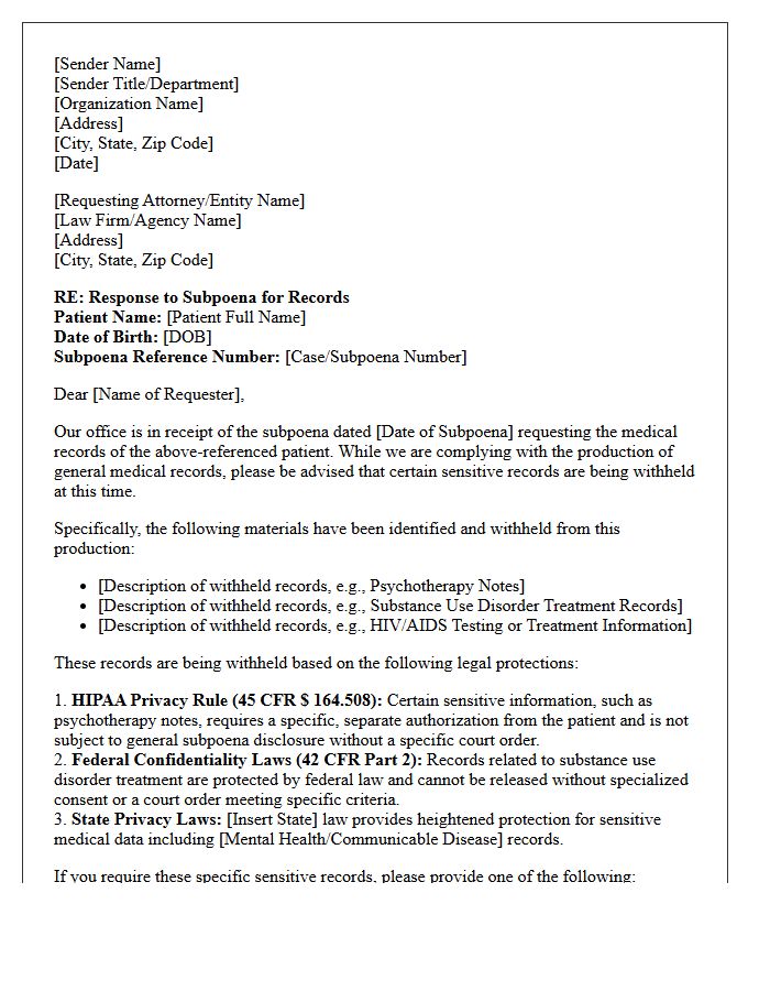 Subpoena Dictated Sensitive Medical Record Request Withholding Letter