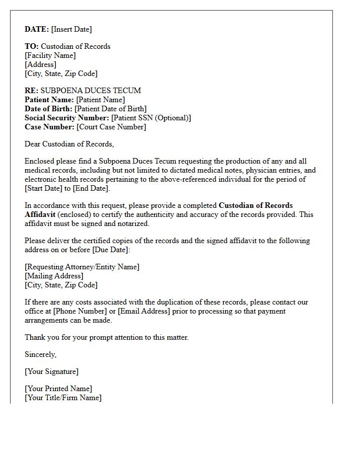 Subpoena Dictated Medical Record Request Custodian Affidavit Cover Letter