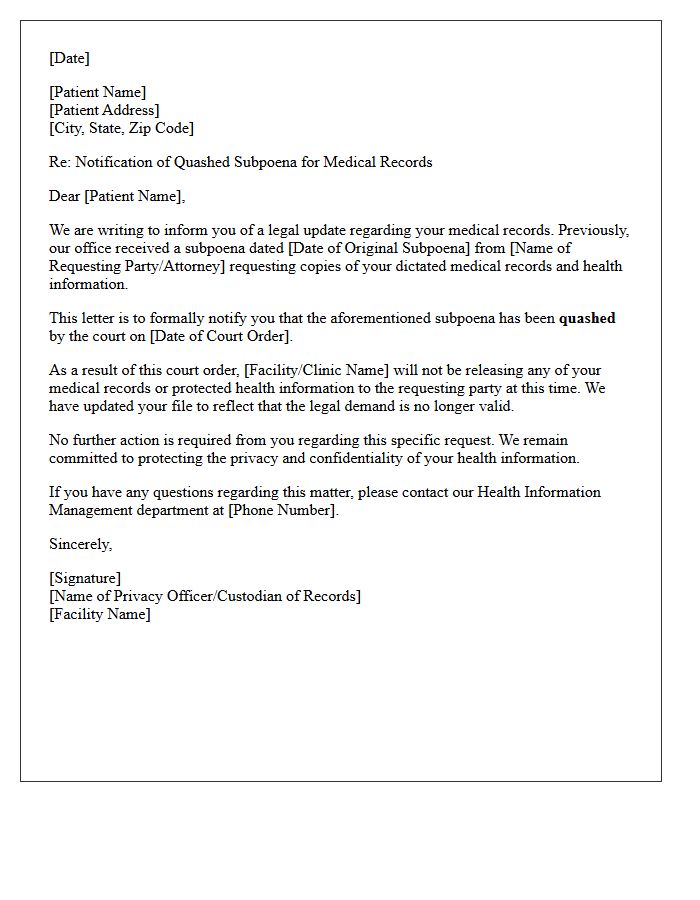 Quashed Subpoena Dictated Medical Record Request Notification Letter