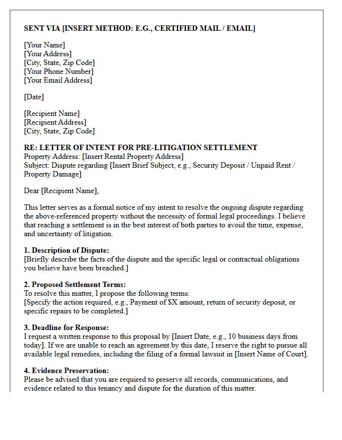 Letter of Intent for Pre-Litigation Settlement Regarding Landlord and Tenant Dispute