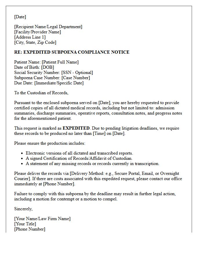 Expedited Subpoena Dictated Medical Record Request Compliance Letter