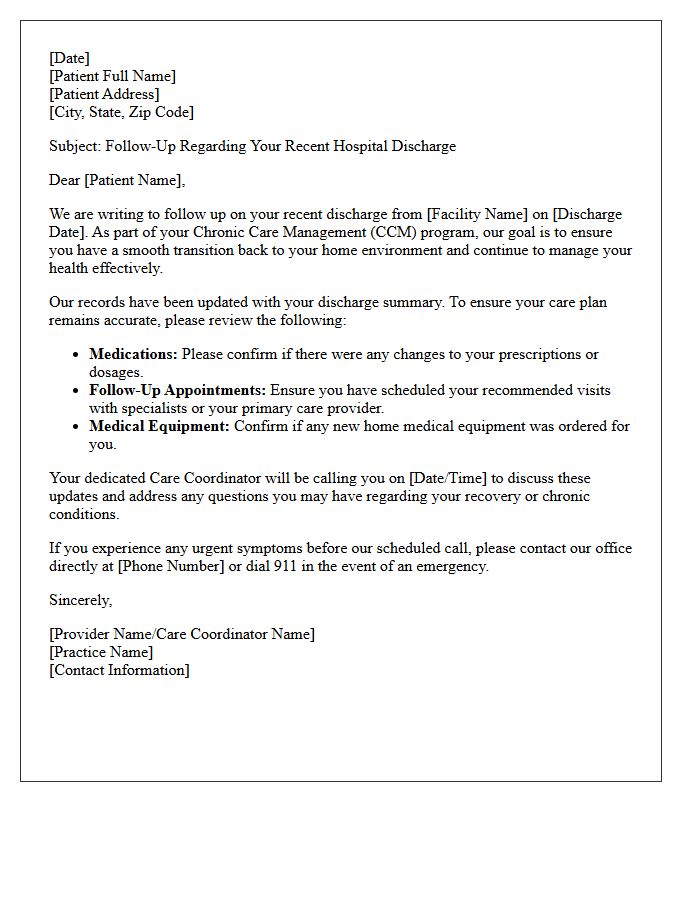Post-Discharge Letter for Chronic Care Management Records