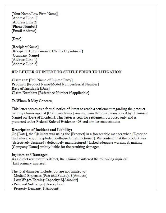 Product Liability Pre-Litigation Settlement Letter of Intent