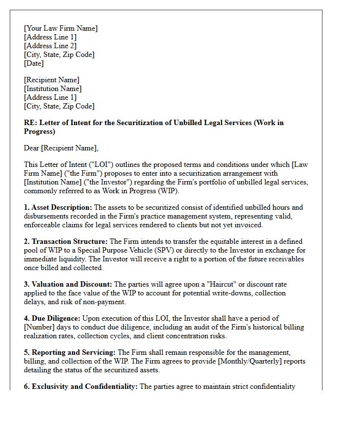 Letter of Intent for Securitization of Unbilled Legal Services