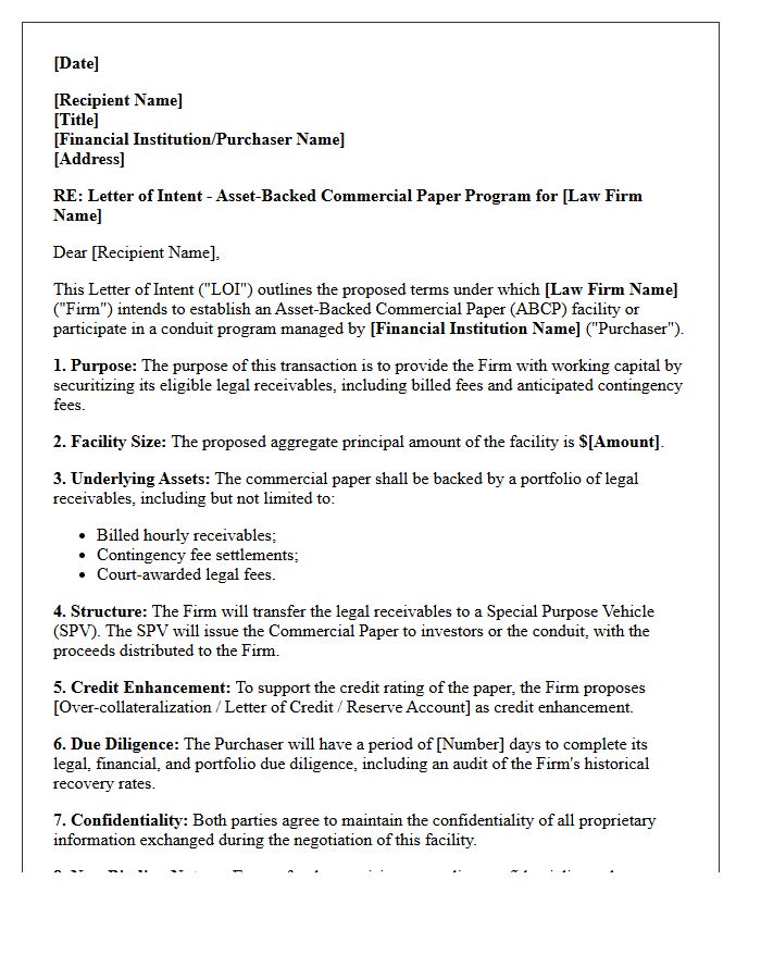 Letter of Intent for Law Firm Asset-Backed Commercial Paper