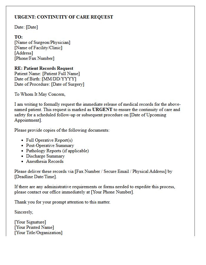 Urgent Continuity of Care Letter Requesting Operative Reports