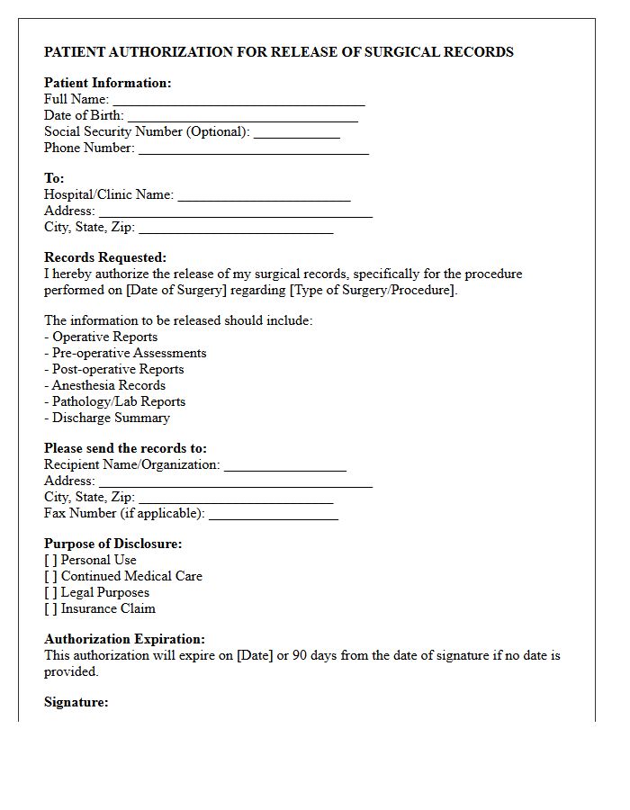 Patient Authorization Letter for Release of Surgical Records