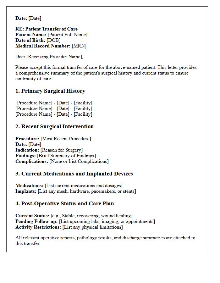 Transfer of Care Letter for Comprehensive Surgical History