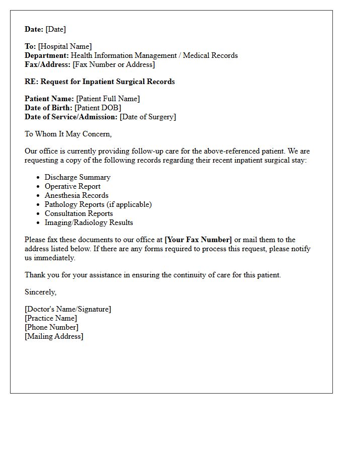 Primary Care Provider Letter Requesting Inpatient Surgical Records
