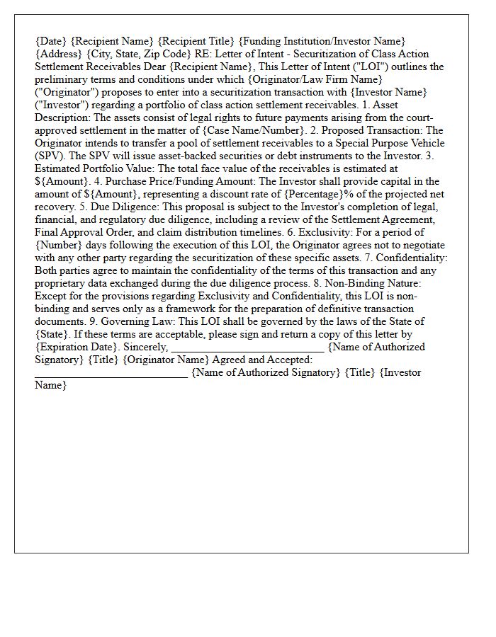 Letter of Intent for Securitization of Class Action Settlement Receivables