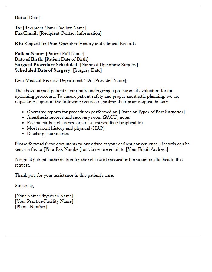 Pre-Surgical Clearance Letter Requesting Prior Operative History