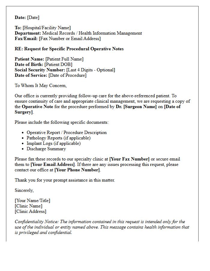 Specialty Clinic Letter Requesting Specific Procedural Operative Notes