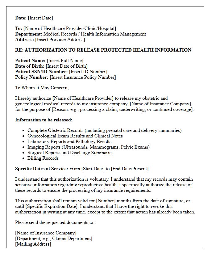Insurance Authorization Letter for Obstetric and Gynecological Medical Records