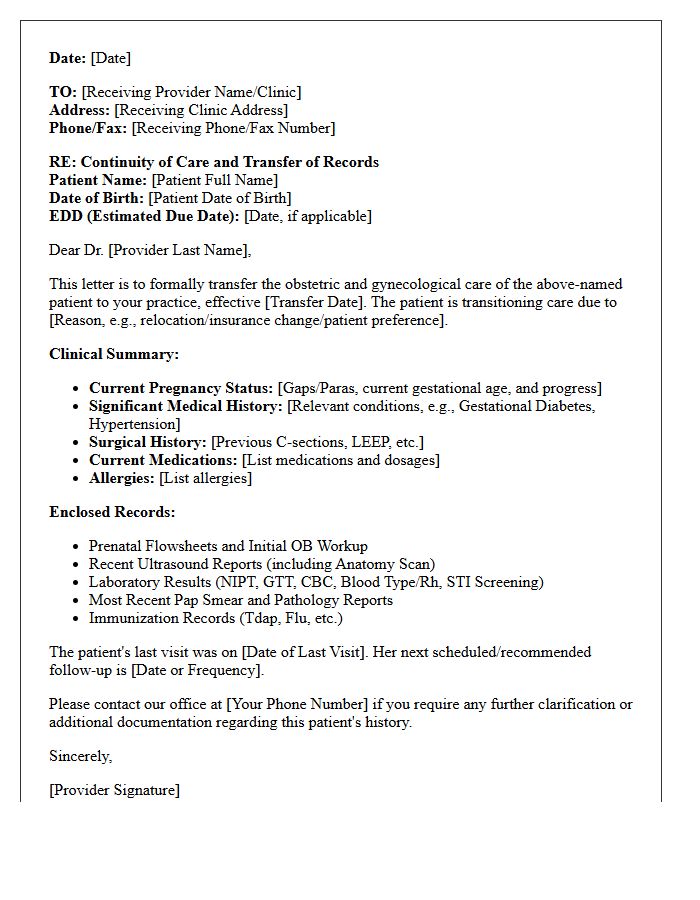 Continuity of Care Letter for Obstetric and Gynecological Records Transfer