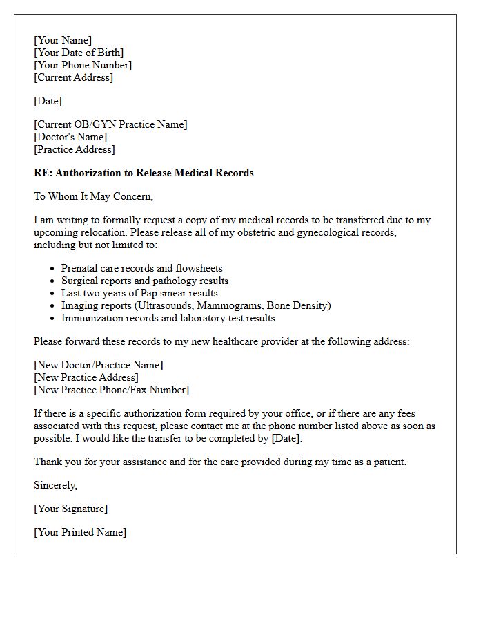 Patient Relocation Letter for Obstetric and Gynecological Medical Records