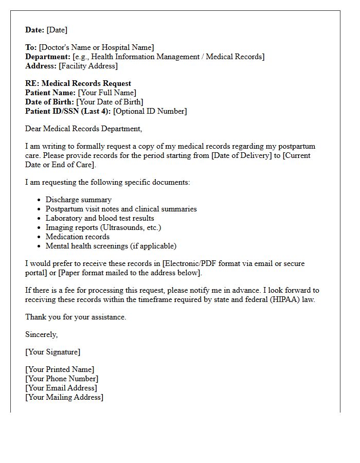 Postpartum Care Medical Records Request Letter