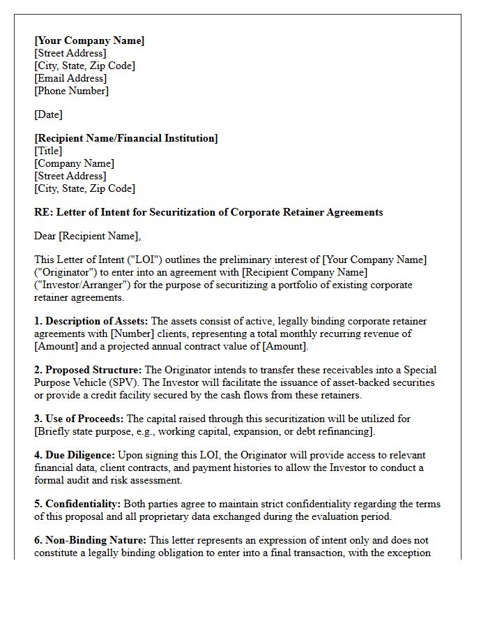 Letter of Intent for Securitization of Corporate Retainer Agreements