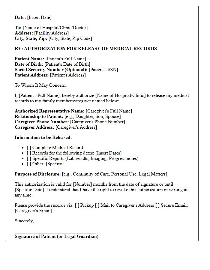 Family Member Caregiver Third-Party Authorization Medical Record Request Letter