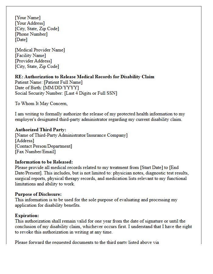 Employer Disability Claim Third-Party Authorization Medical Record Request Letter