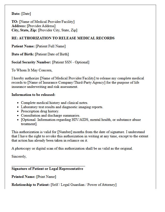Life Insurance Underwriting Third-Party Authorization Medical Record Request Letter