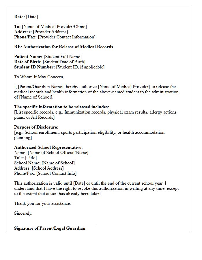 School Administration Third-Party Authorization Medical Record Request Letter