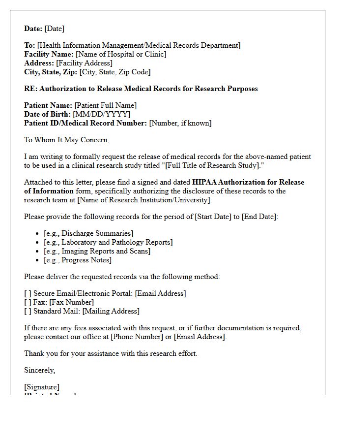 Research Study Third-Party Authorization Medical Record Request Letter