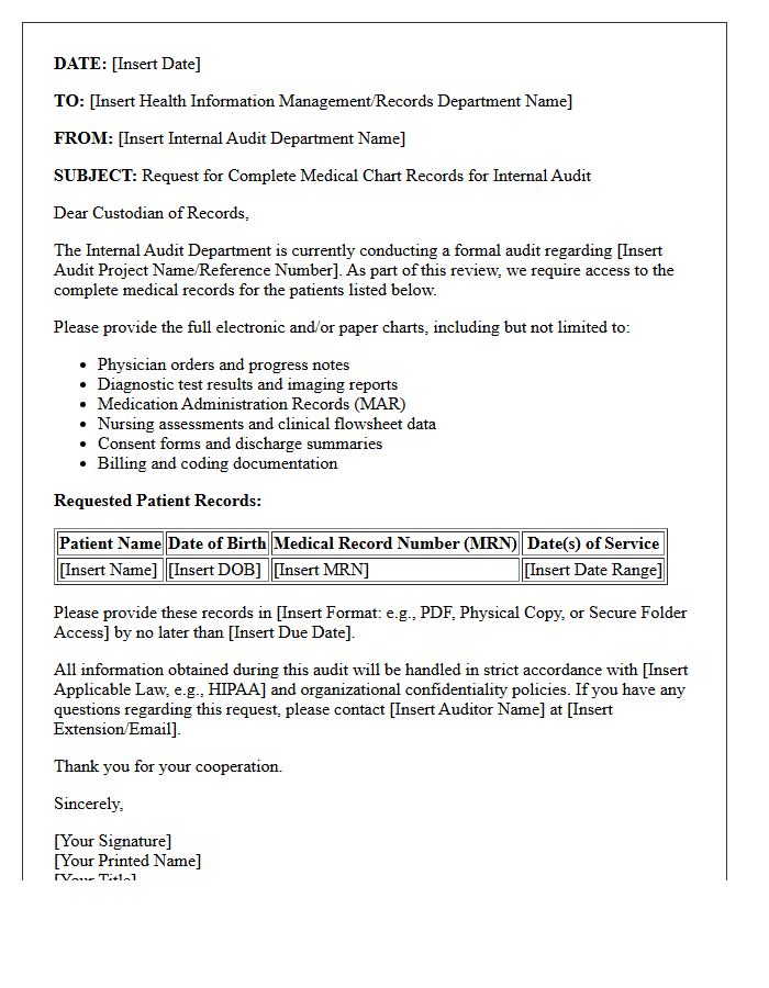 Internal Audit Request Letter for Complete Medical Chart Records