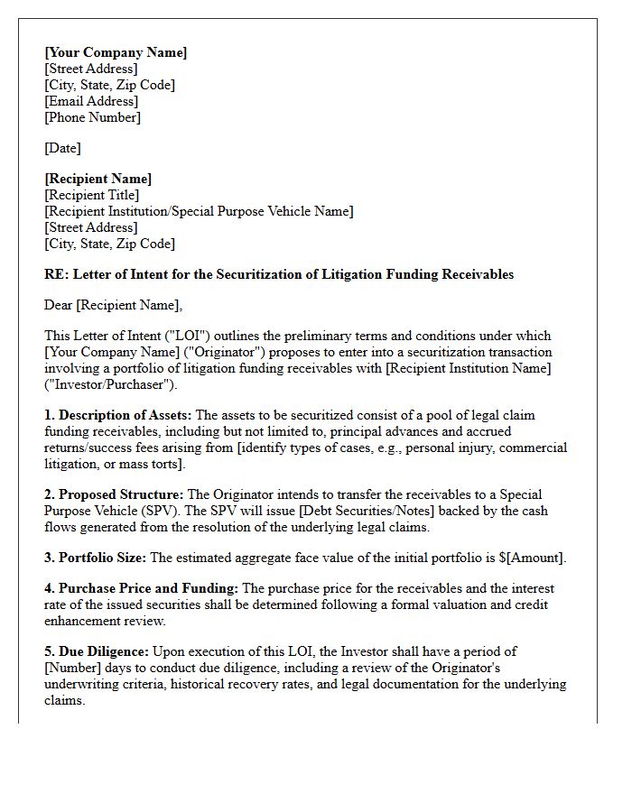 Letter of Intent for Securitization of Litigation Funding Receivables