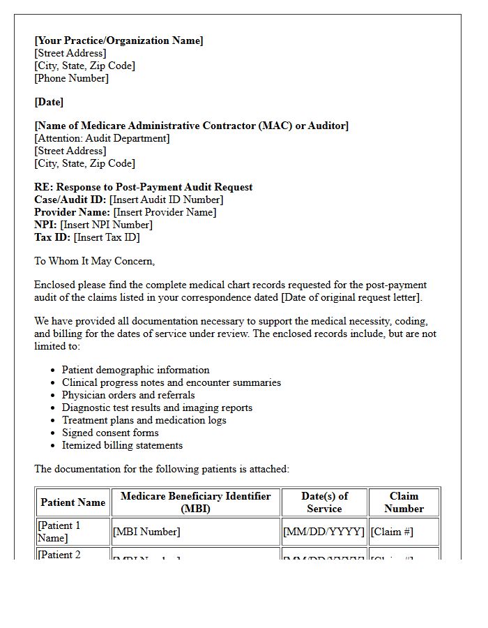Medicare Post-Payment Audit Letter for Complete Medical Chart Records