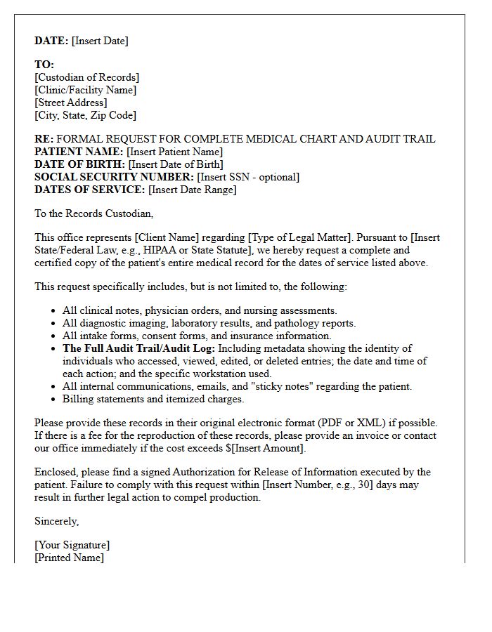 Legal Counsel Request Letter for Complete Medical Clinic Chart Audit Records