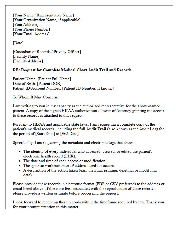 Patient Representative Request Letter for Complete Medical Chart Audit Records