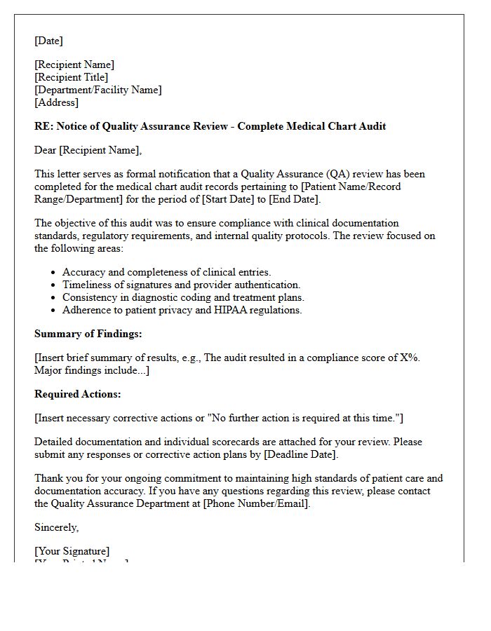 Quality Assurance Review Letter for Complete Medical Chart Audit Records