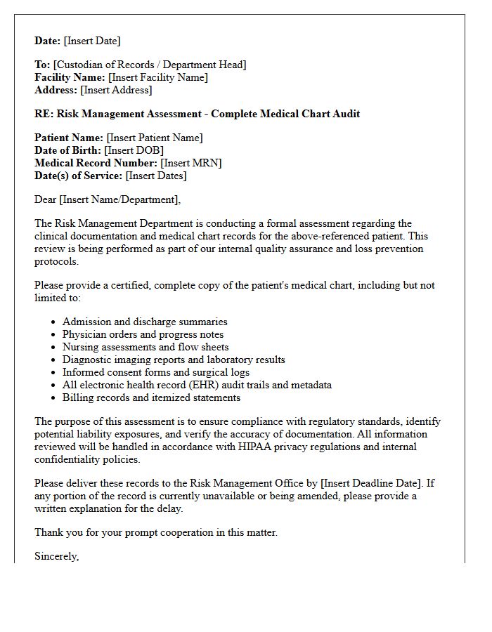 Risk Management Assessment Letter for Complete Medical Chart Records