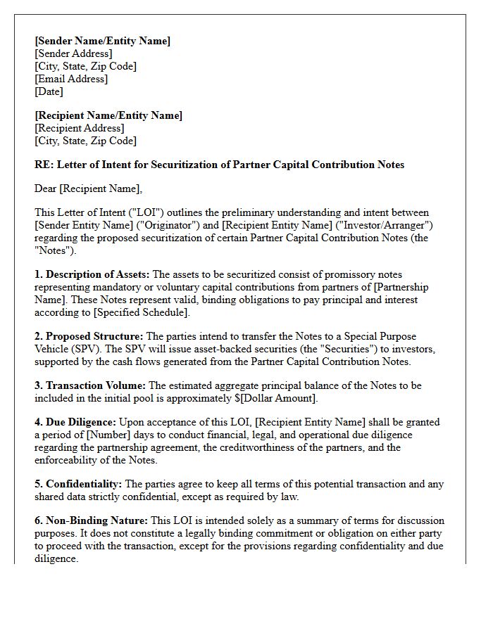 Letter of Intent for Securitization of Partner Capital Contribution Notes
