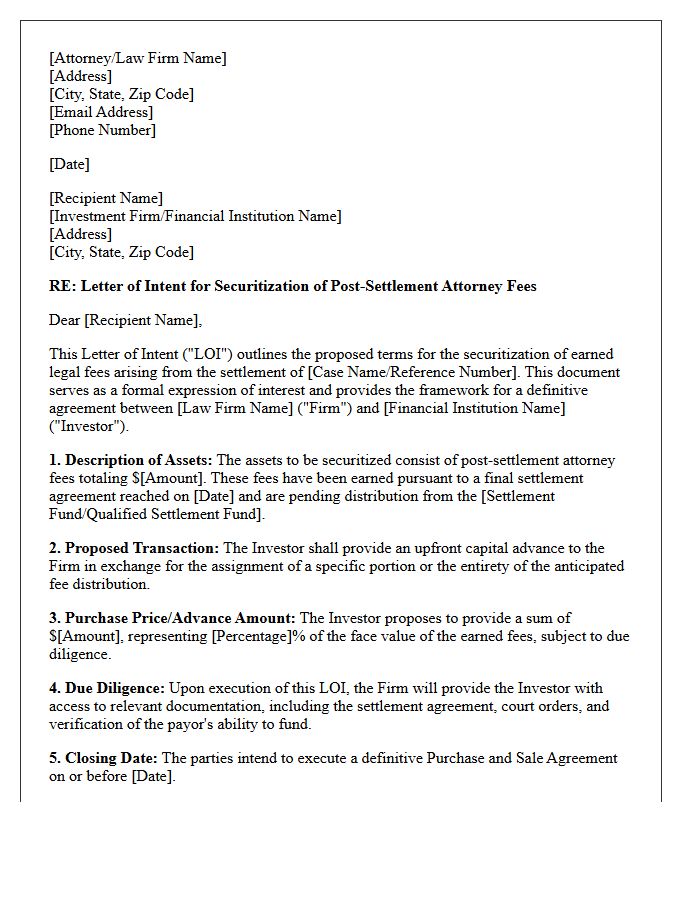 Letter of Intent for Securitization of Post-Settlement Attorney Fees