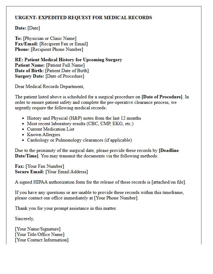 Expedited Pre-Surgical Medical History Request Letter