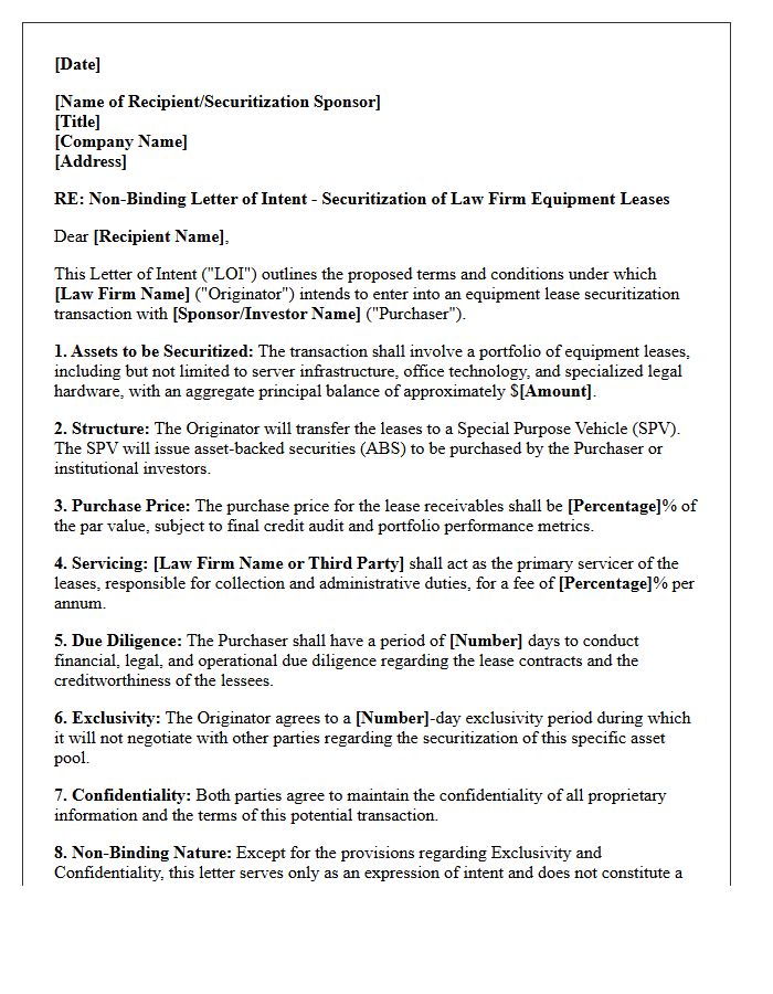 Letter of Intent for Law Firm Equipment Lease Securitization