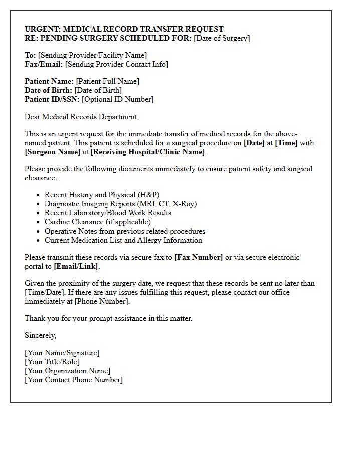 Urgent Patient Record Transfer Letter for Pending Surgery