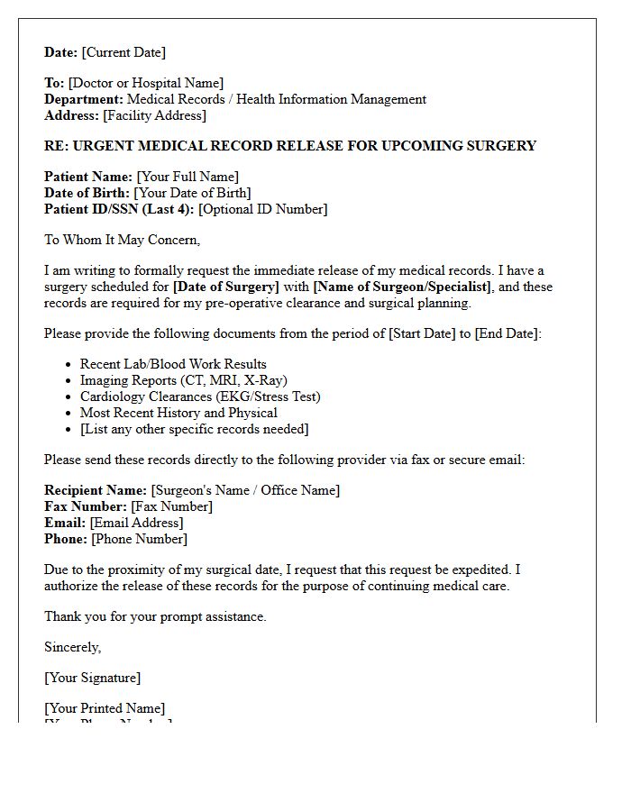 Immediate Medical Record Release Letter for Upcoming Surgery