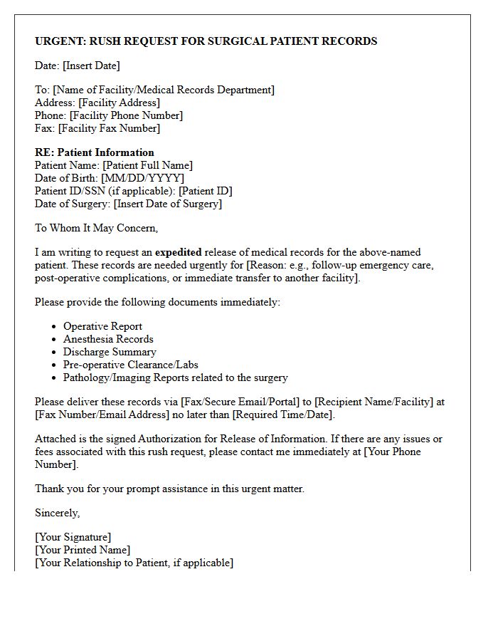Rush Request Letter for Surgical Patient Medical Records