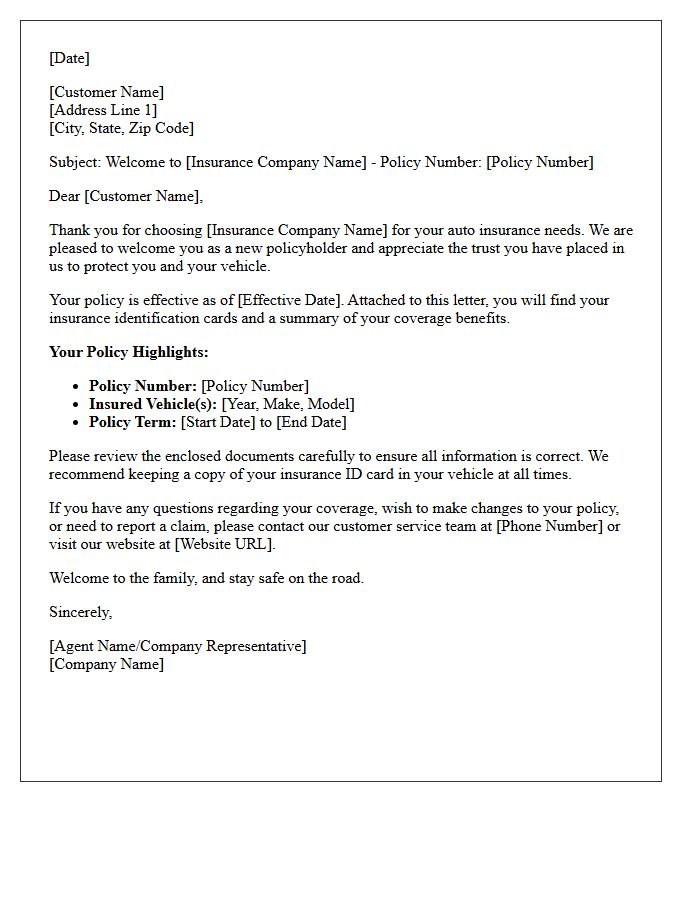 Auto Insurance Policy Welcome Letter