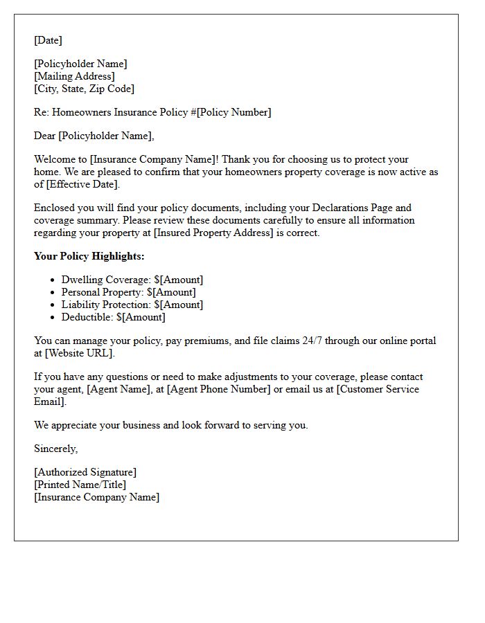 Homeowners Property Coverage Welcome Letter