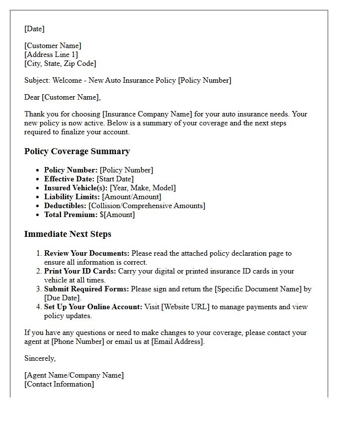 New Auto Insurance Policy Coverage Summary and Next Steps Letter