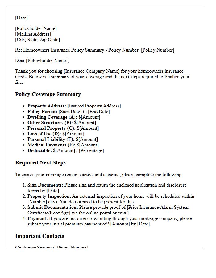 Comprehensive Homeowners Policy Summary and Next Steps Letter