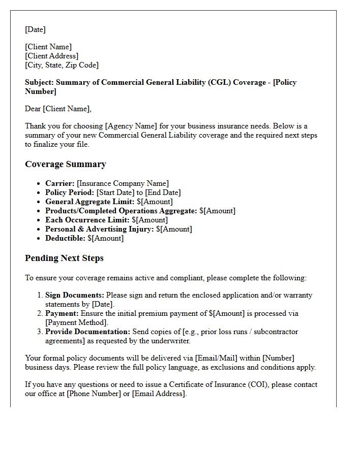 Commercial General Liability Coverage Summary and Next Steps Letter